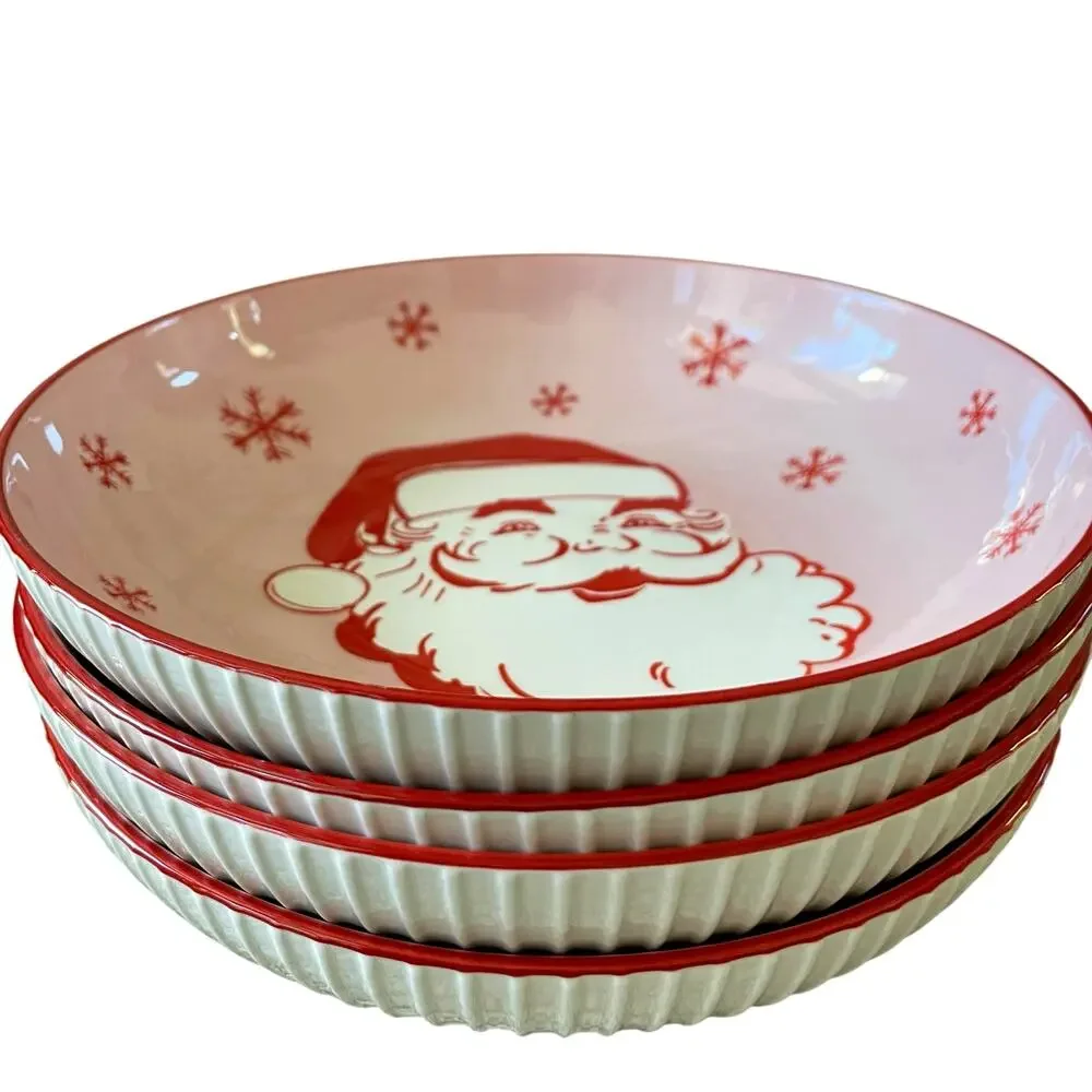 Christmas JOLLY SANTA Dinner Bowl Set of 4 Ceramic Pink Red PrimaDesign Holiday